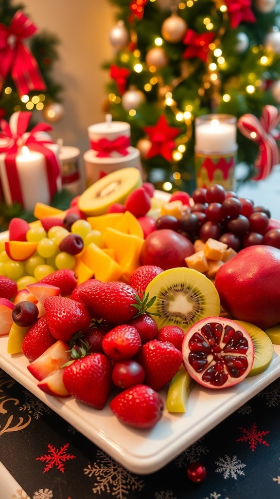 A vibrant fruit platter with strawberries, grapes, kiwi, and pomegranate on a festive table.